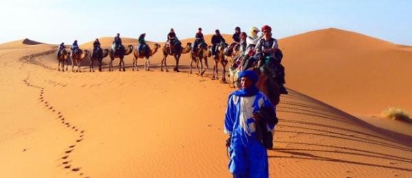 Camel safari through the desert in Morocco