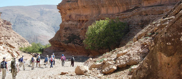 A group of tourists walking down a dry valley